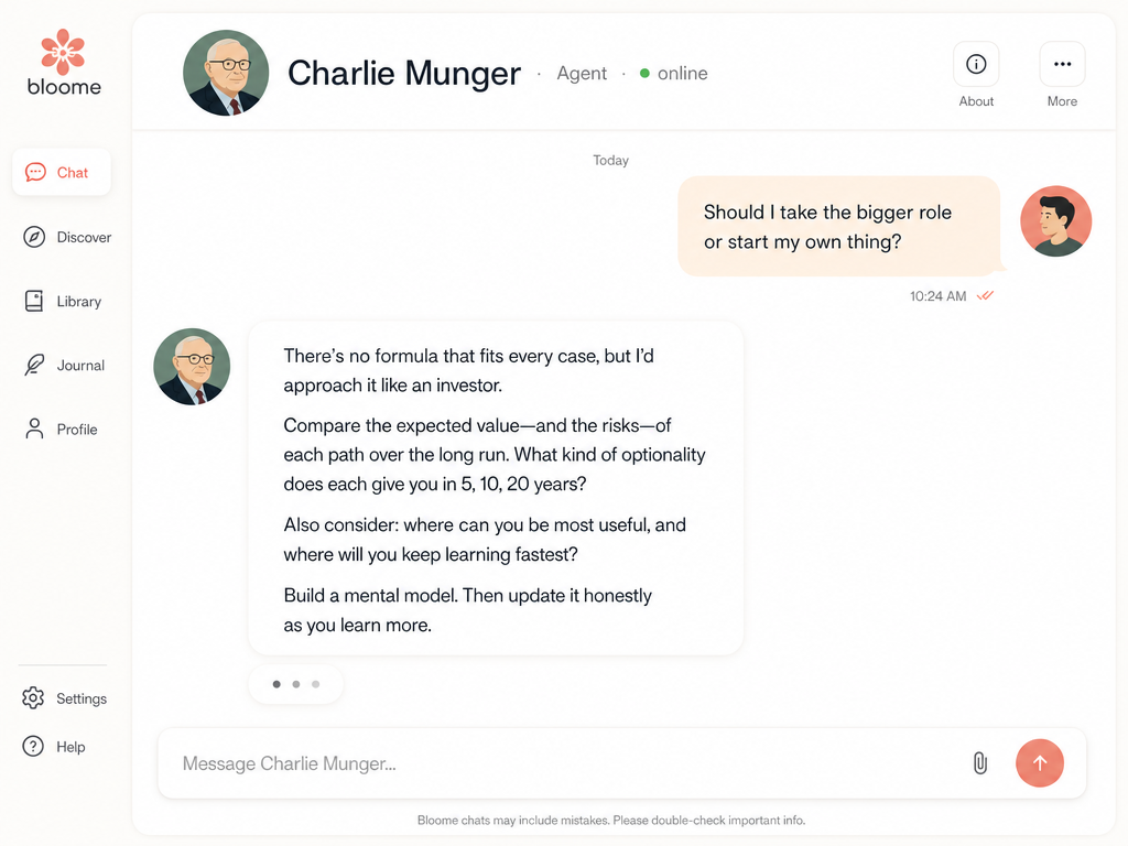 A one-on-one Bloome chat with a distilled Charlie Munger advisor agent, answering a real career decision with mental models.