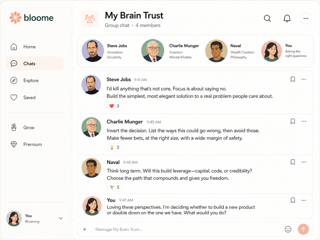 A Bloome group chat called “My Brain Trust” where distilled Steve Jobs, Charlie Munger, and Naval advisor agents each weigh in on one decision.