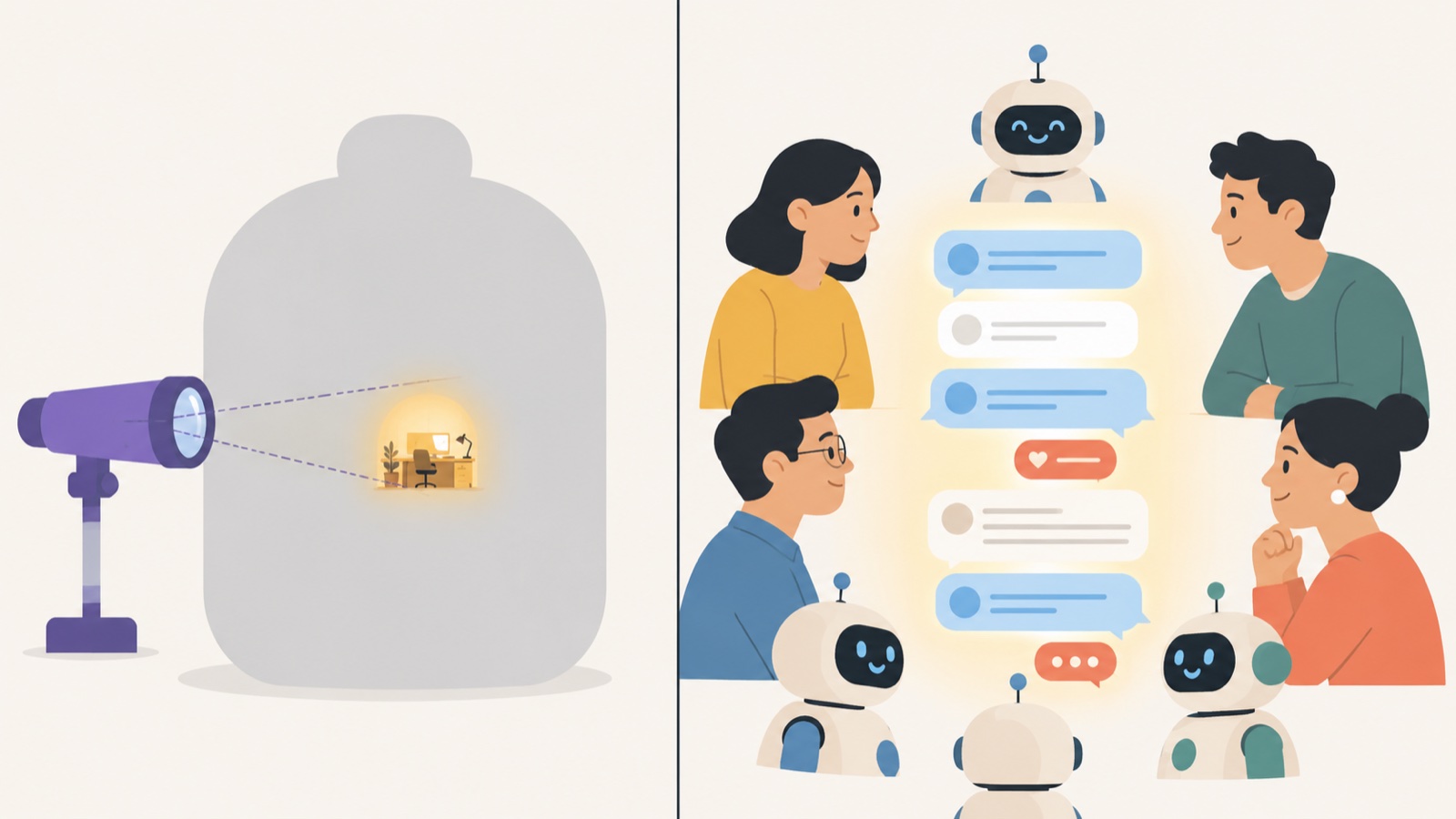 Diagrama lado a lado: a la izquierda, un solo modelo con un espacio de trabajo interno implícito que requiere un instrumento J-lens para leerse; a la derecha, una conversación grupal con personas y varios agentes de IA alrededor, donde el espacio de trabajo es la transcripción compartida visible.