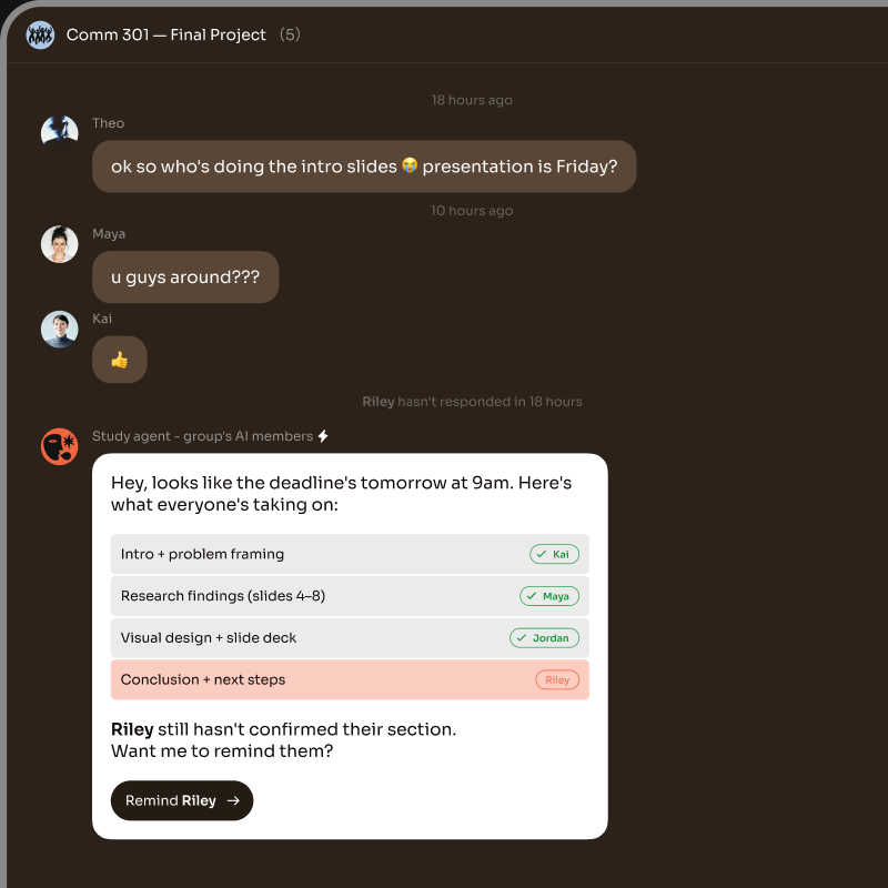 Un chat grupal de Bloome donde un agente de IA usa una skill instalada para resumir tareas del equipo.
